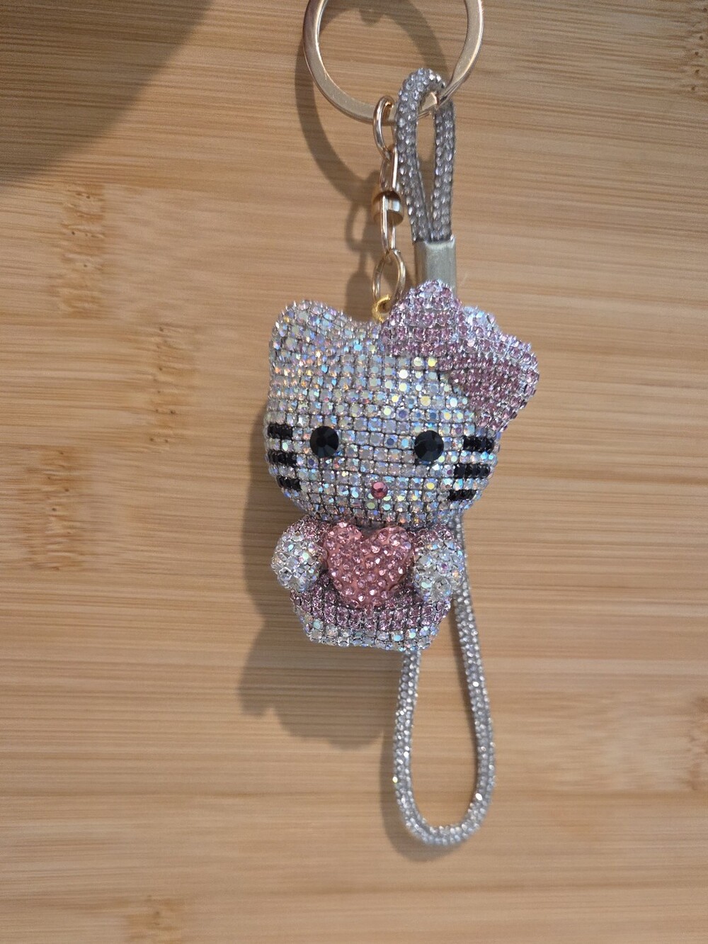 Crystal Rhinestone Kitty Keychain Pink Heart Mesh Strap Bag Charm Keyring